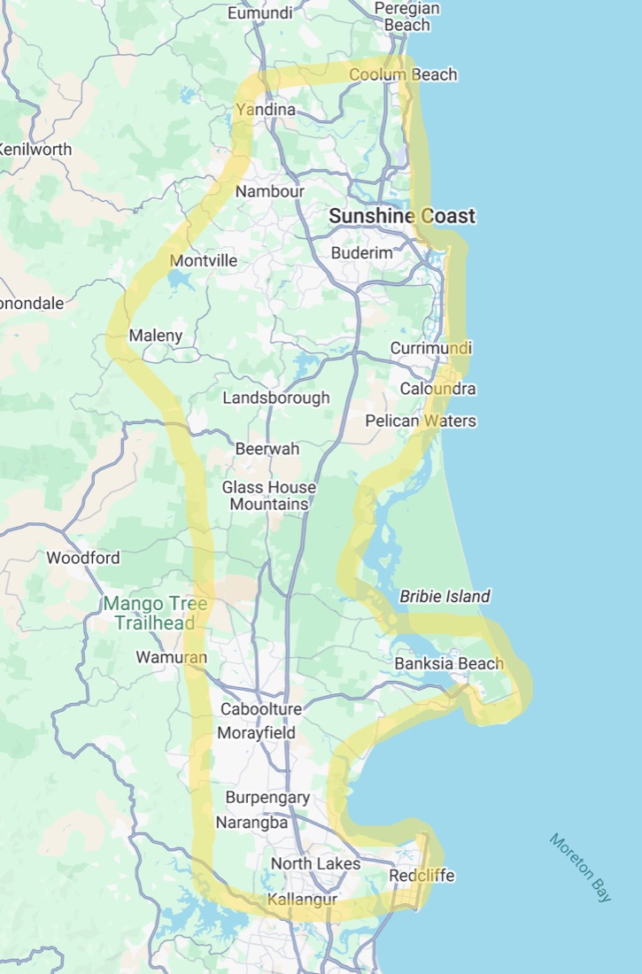 CoasTrade Fencing service area map, Deception Bay to Coolum and west to Maleny